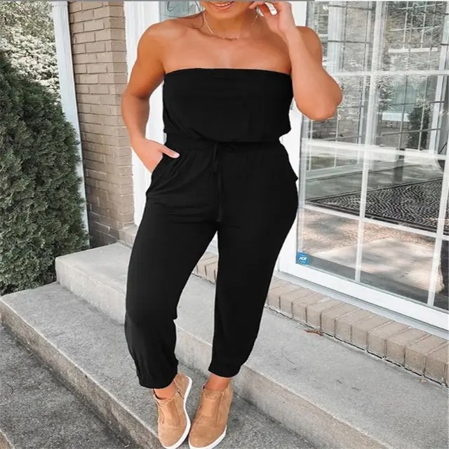 Women's Fashion Casual Off neck Solid Color Jumpsuit Black - Shop at LoveMi