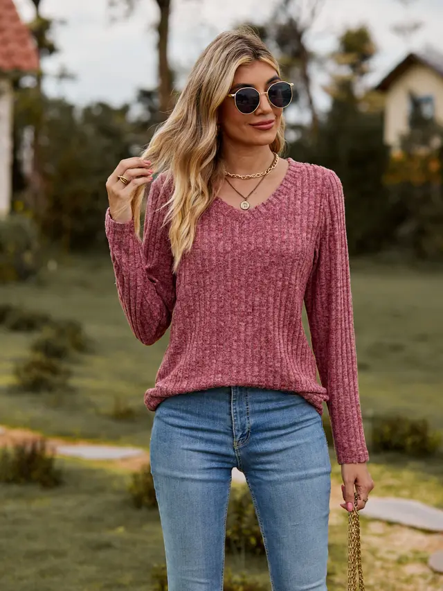 V neck Brushed Sunken Stripe Solid Color Top Long Sleeve Wine Red - Shop at LoveMi