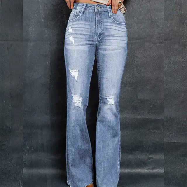 European And American High Waist Slim Denim Washed And Frayed Wide Leg Pants Trousers Blue - Shop at LoveMi