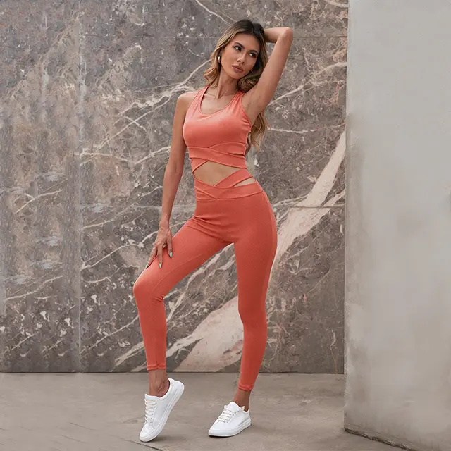 Women's Fashion Solid Color Sportswear Suit Fitness Running Elastic Skinny Yoga Clothes Orange - Shop at LoveMi