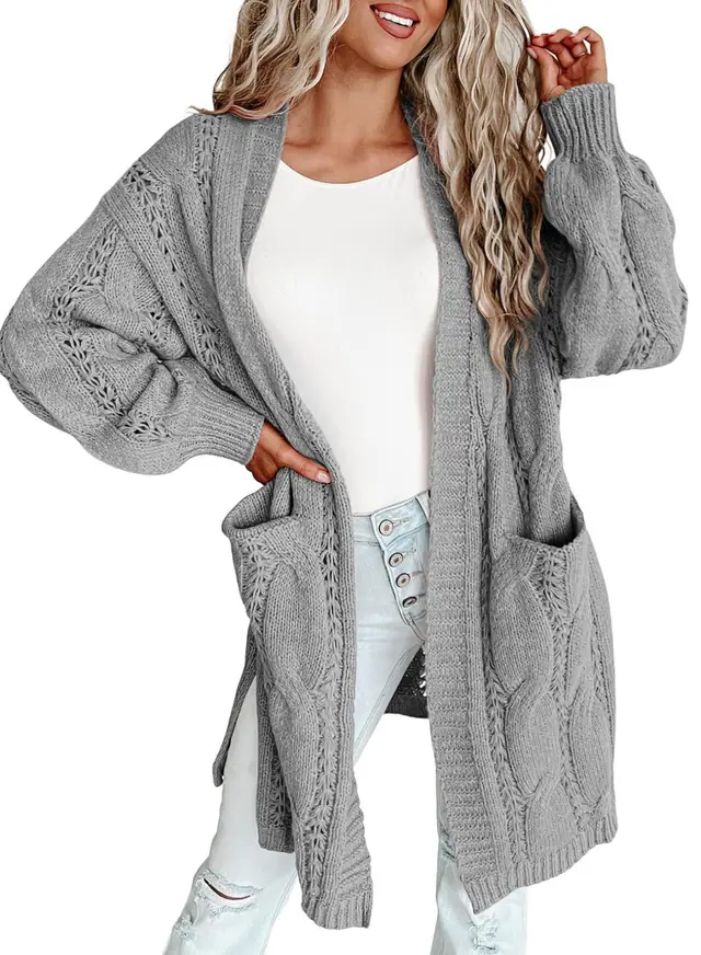 Autumn And Winter European And American Style Women Long Cardigan Long Sleeve Sweater With Pockets Gray - Shop at LoveMi