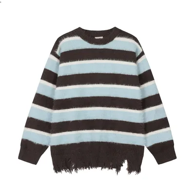Maychao Vintage Color block Crew Neck Knitted Sweater Blue Coffee - Shop at LoveMi