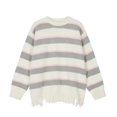 Maychao Vintage Color block Crew Neck Knitted Sweater Light Gray - Shop at LoveMi