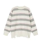 Maychao Vintage Color-block Crew Neck Knitted Sweater - Light Gray