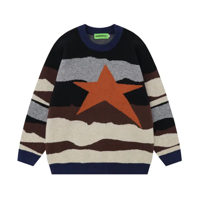 Round Neck Jacquard Knitted Sweater Black Coffee Color - Shop at LoveMi