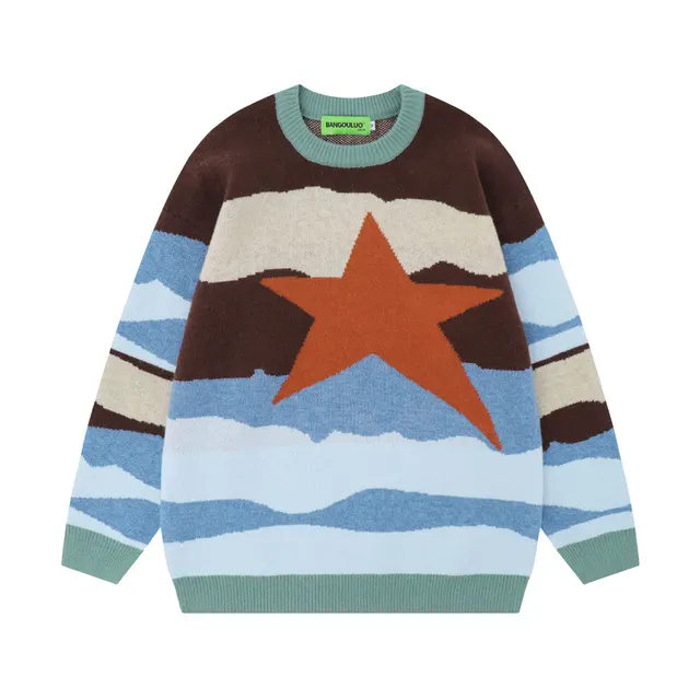 Round Neck Jacquard Knitted Sweater Blue Coffee - Shop at LoveMi