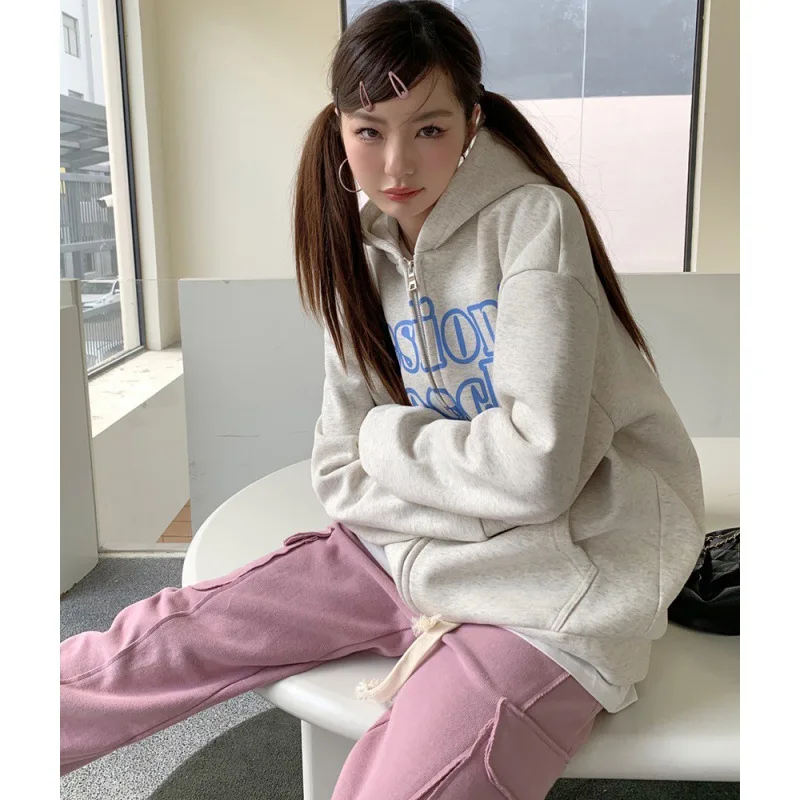Women's Letter Hooded Sweater Cardigan Casual Jacket With Velvet Light Gray Coat - Shop at LoveMi