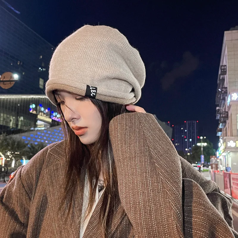 Knitted Wool Winter Warm Pile Heap Cap - Beige