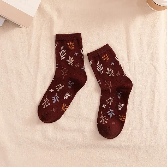 Autumn And Winter Japanese Art Retro Women's Mid calf Socks Gold Leaf Brown Red - Shop at LoveMi