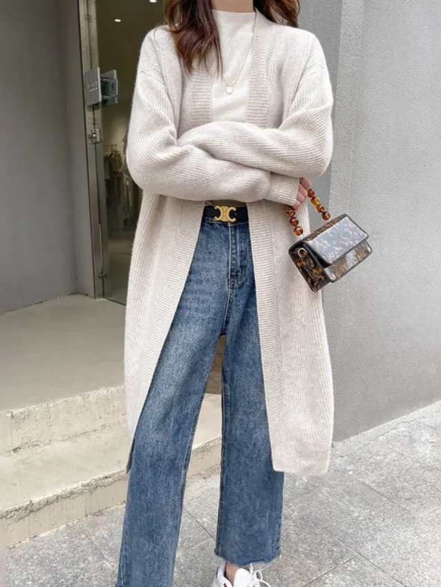 Women's Mid length Idle Style Over the knee Knitted Cardigan Beige - Shop at LoveMi