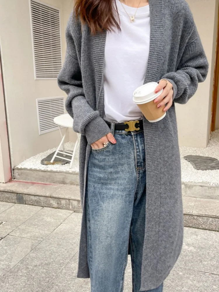 Women's Mid length Idle Style Over the knee Knitted Cardigan Dark Grey - Shop at LoveMi