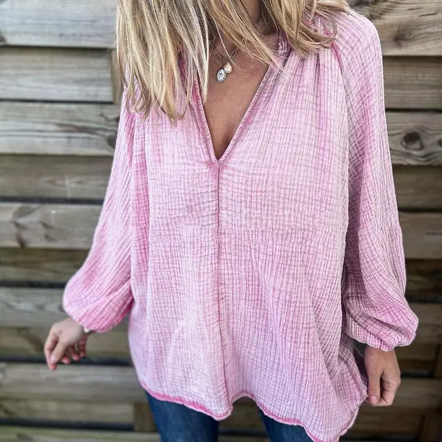 Solid Color Casual Loose Long Sleeve Shirt Top Pink - Shop at LoveMi
