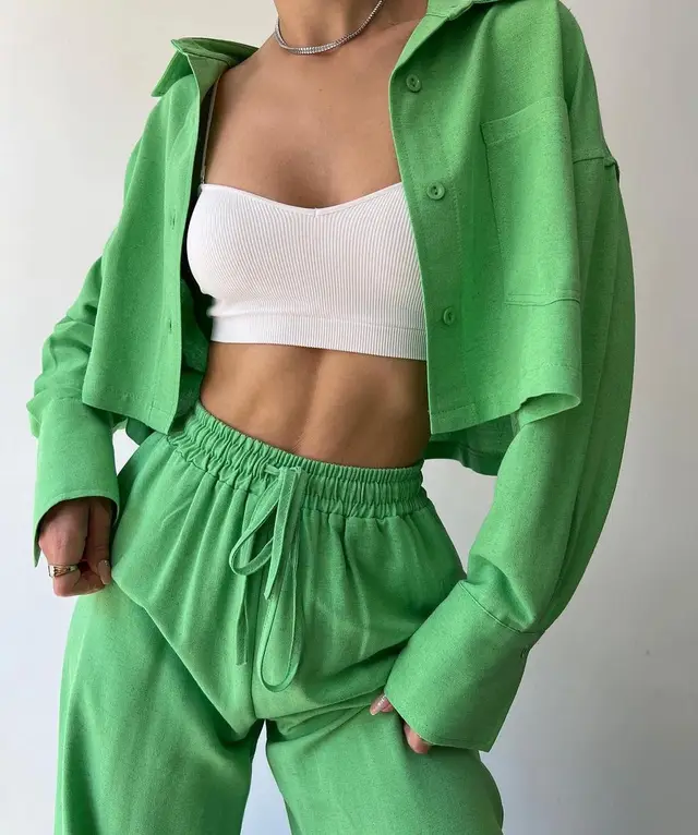 Women's Fashion Casual Solid Color Long sleeved Casual Shirt And Trousers Suit Green - Shop at LoveMi