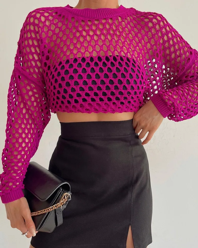 Women's Stylish Loose Round Neck Hollow Out Sweater Rose Red - Shop at LoveMi