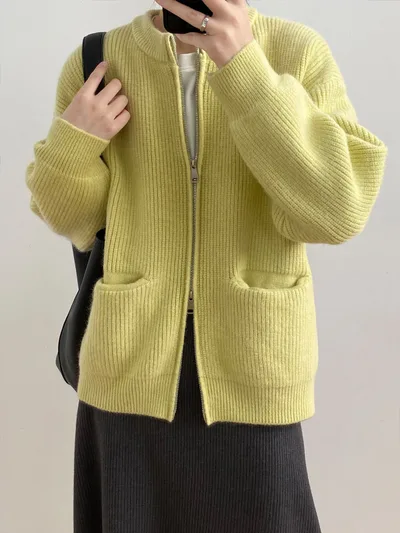 Autumn Solid Color Double Zipper Knitted Cardigan Women's Sweater Yellow - Shop at LoveMi