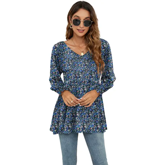 Women's Fashion Casual Printing Bubble Long Sleeve Waist Top No 5 Flower - Shop at LoveMi