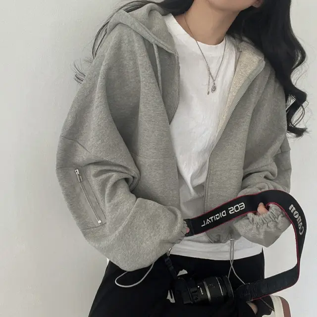 Women's Large Pocket Zipper Design Loose Casual Drawstring Hoodie Coat Light Gray - Shop at LoveMi