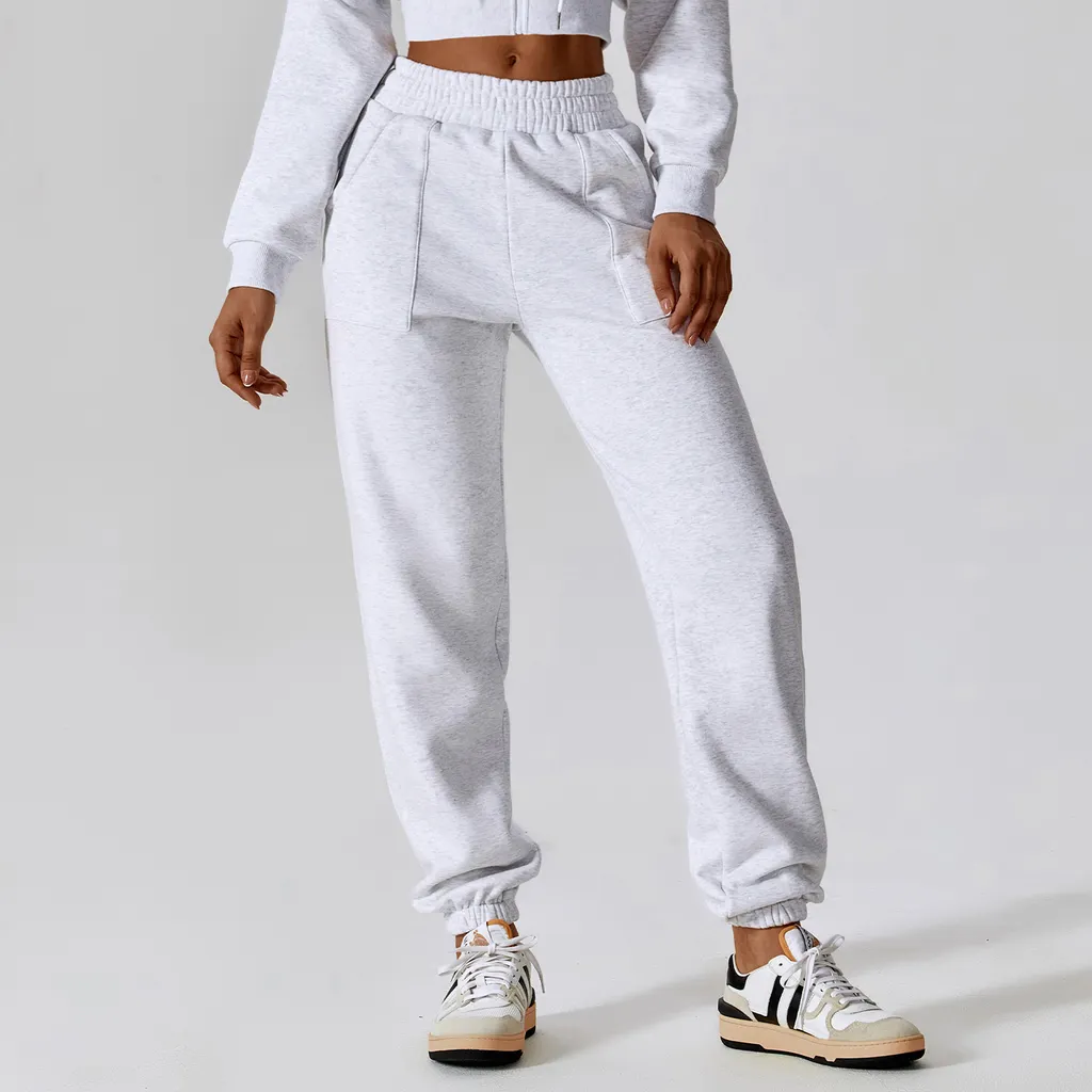 Polar Velvet Sport Sweatpants Women's Loose Straight Casual Pants - White Flower Gray