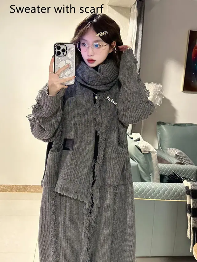 A Niche Design With A Long lasting Tassel Cardigan Sweater Grey With Scarf - Shop at LoveMi