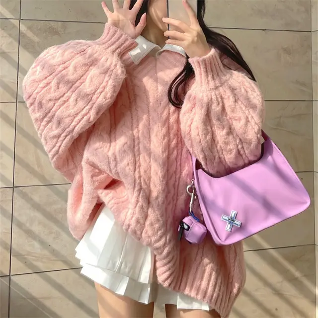 Idle Style V neck Large Sweater Gentle Korean Style Pink - Shop at LoveMi