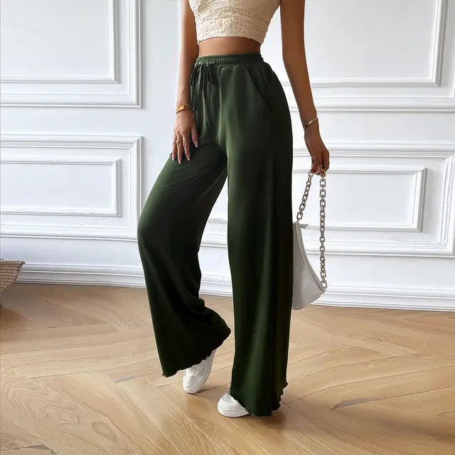 Women's Fashion Loose Casual Solid Color Wide Leg Trousers Army Green - Shop at LoveMi