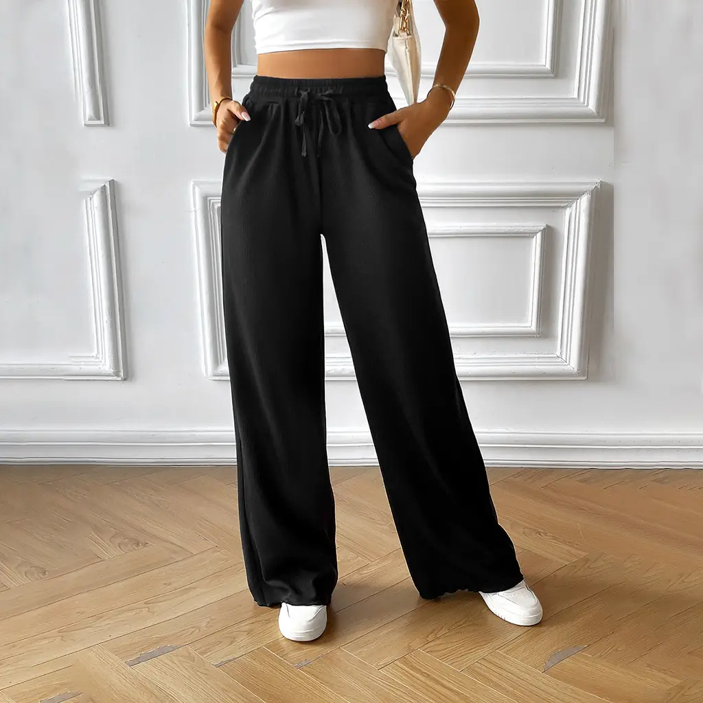 Women's Fashion Loose Casual Solid Color Wide Leg Trousers - Black