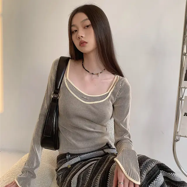 Striped Long Sleeve Square neck Slim Fit Slimming Casual All matching Tops Stripes - Shop at LoveMi