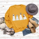 Halloween Ghost Puppy Printed Round Neck Long Sleeve Sweater - Yellow