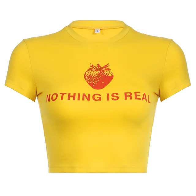 Bright Yellow Strawberry Letter Printing Midriff baring Short Sleeve Yellow - Shop at LoveMi