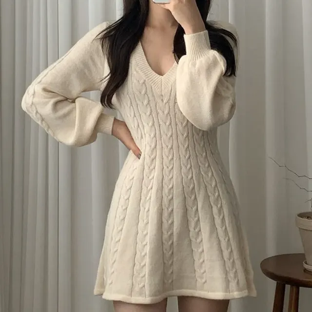 Retro Hemp Pattern Knitted Dress White - Shop at LoveMi