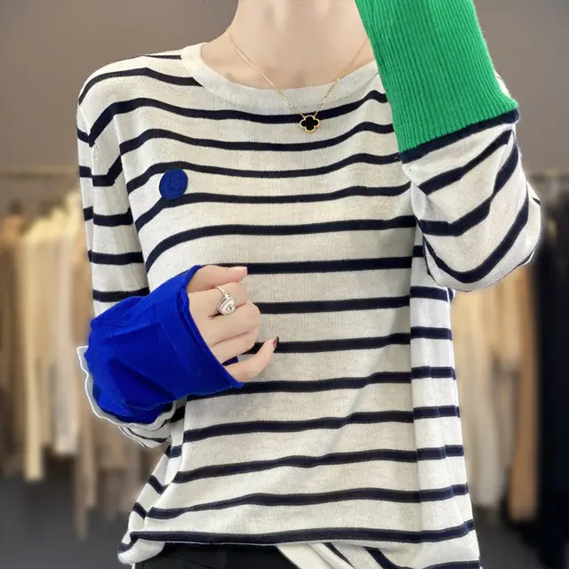 Double layer Contrast Color Sleeves With Stripes Sweater White - Shop at LoveMi