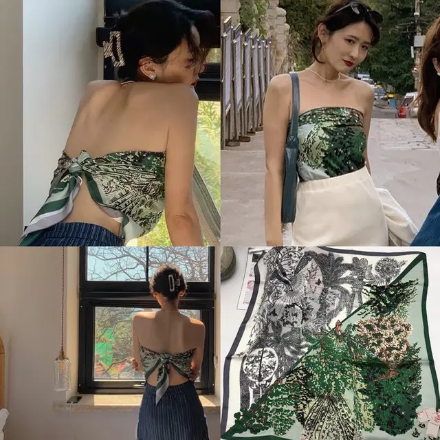 Women's Silk Scarf Strap Retro Tube Top Sun Protection 2Color Jungle - Shop at LoveMi