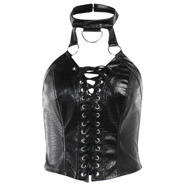 Street Hot Girl Halter Top Sexy Lace-up Vest Pu Leather Dark Style - Black