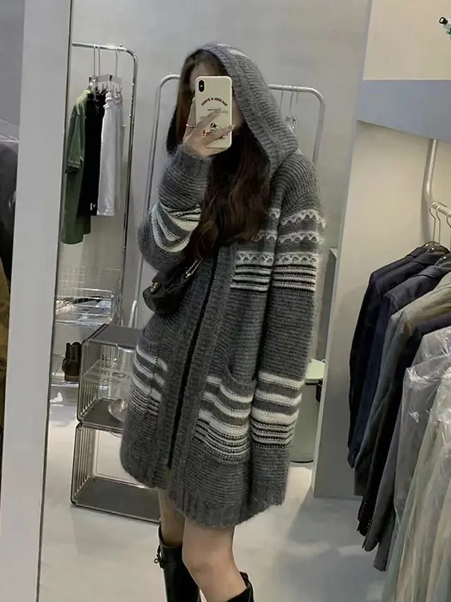 Autumn Winter Retro Wave Stripe Hooded Sweater Gray - Shop at LoveMi