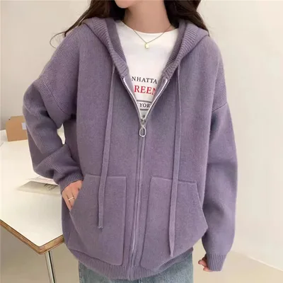 Women's Zipper Hooded Thick Knitted Cardigan Purple - Shop at LoveMi