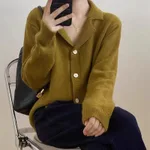 Lapel Width Long Sleeve Sweater Coat Top - Mustard Yellow