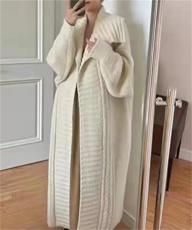 Long Knitted Cardigan Coat Women's Plus Size Beige - Shop at LoveMi
