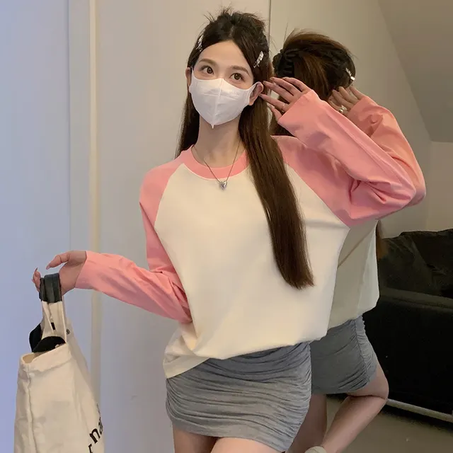 Women's Early Spring And Autumn Raglan Sleeve Loose Mid length Cotton Bottoming Shirt Top Pink And Apricot - Shop at LoveMi