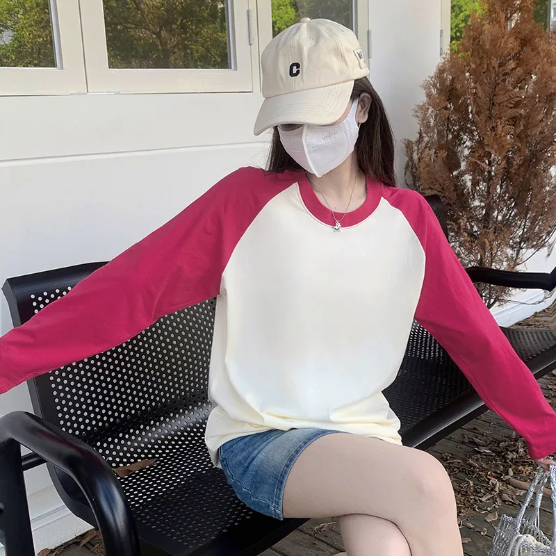Women's Early Spring And Autumn Raglan Sleeve Loose Mid length Cotton Bottoming Shirt Top Rose Red And Apricot - Shop at LoveMi
