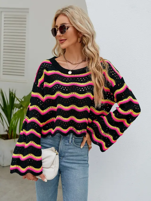 Round Neck European And American Knitted Striped Sweater Black - Shop at LoveMi