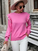 Solid Color Round Neck Pullover Fashion Sweater - Rose Red