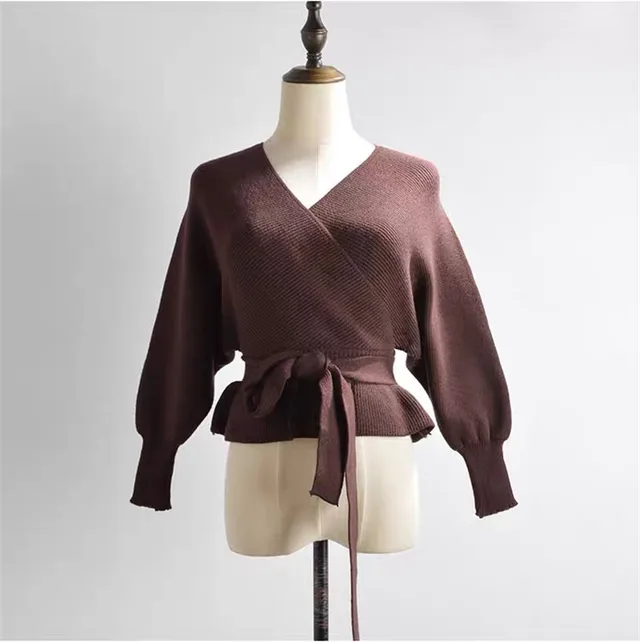 Women's Batwing Coat Knitwear V neck Exposed Back Bandage Sweater Brown - Shop at LoveMi