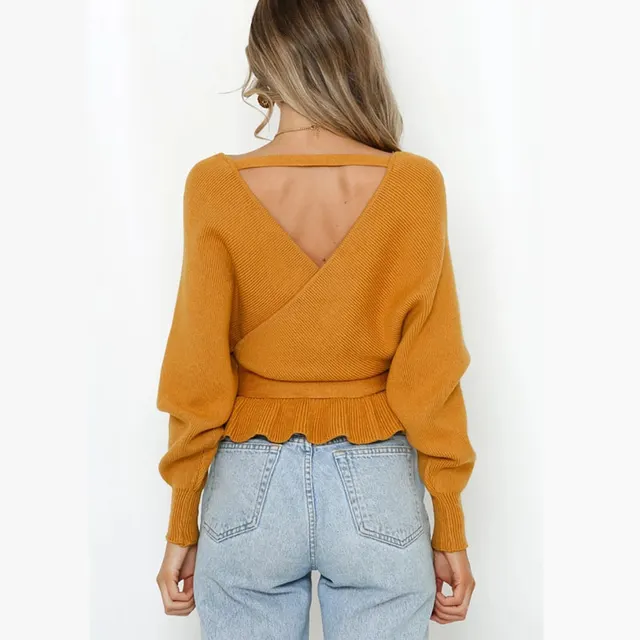 Women's Batwing Coat Knitwear V neck Exposed Back Bandage Sweater Yellow - Shop at LoveMi