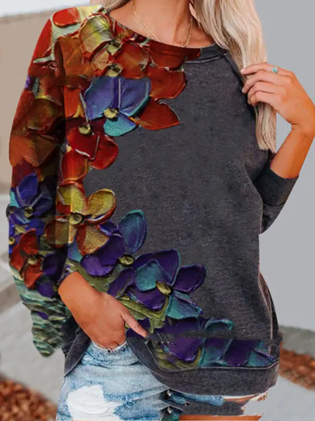 Women's Urban Casual Colorful Printed Long Sleeve Round Neck Pullover T shirt Gray - Shop at LoveMi