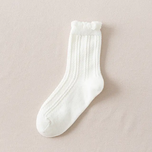 Autumn Japanese Solid Color Ins Lace Bubble Cotton Breathable Mid calf Socks White - Shop at LoveMi