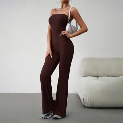 Women's Fashion Elegant Slim Fit Tube Top Jumpsuit Brown - Shop at LoveMi