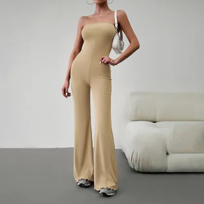 Women's Fashion Elegant Slim Fit Tube Top Jumpsuit Khaki - Shop at LoveMi