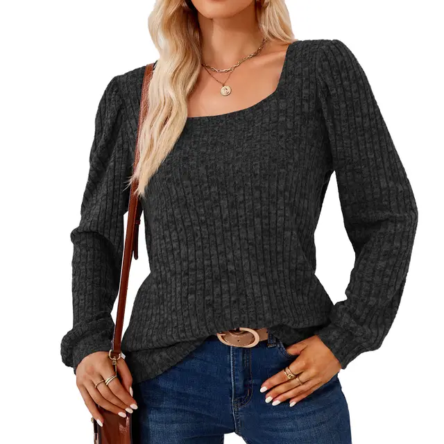 Square Collar Solid Color Rib Fabric Loose Long sleeved T shirt Top For Women Black - Shop at LoveMi