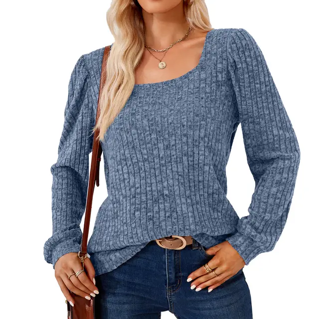 Square Collar Solid Color Rib Fabric Loose Long sleeved T shirt Top For Women Dream Blue - Shop at LoveMi