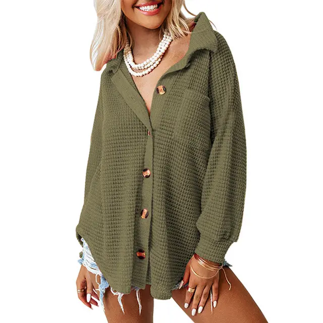 Waffle Casual Shirt Women's Long Sleeve Cardigan Army Green - Shop at LoveMi
